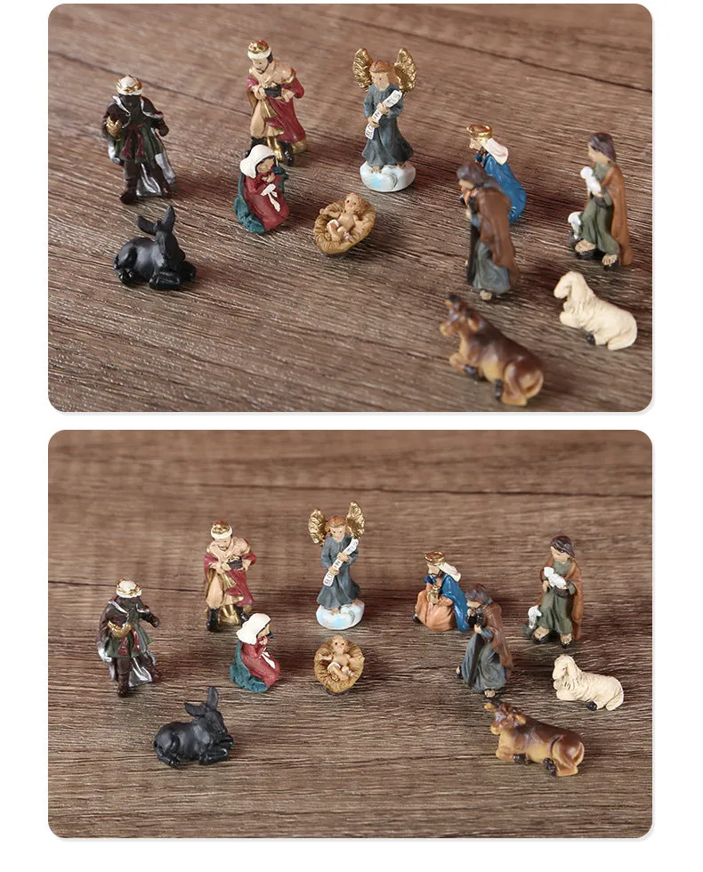 11-Piece Set Horse Trough Group Religious Decoration Ornaments, 3cm Birth of Jesus Resin Statue