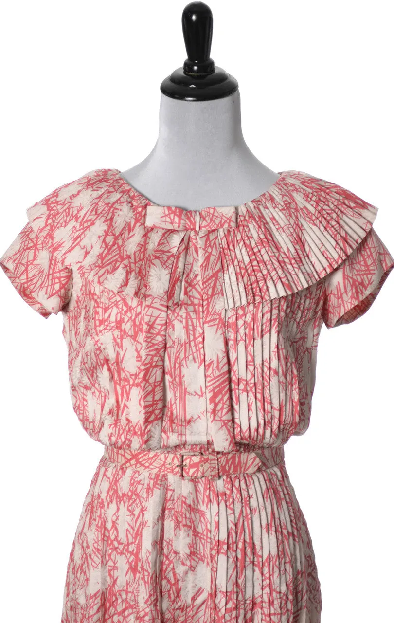 1950s David W Goodstein Red Silk Bamboo Print Vintage Dress