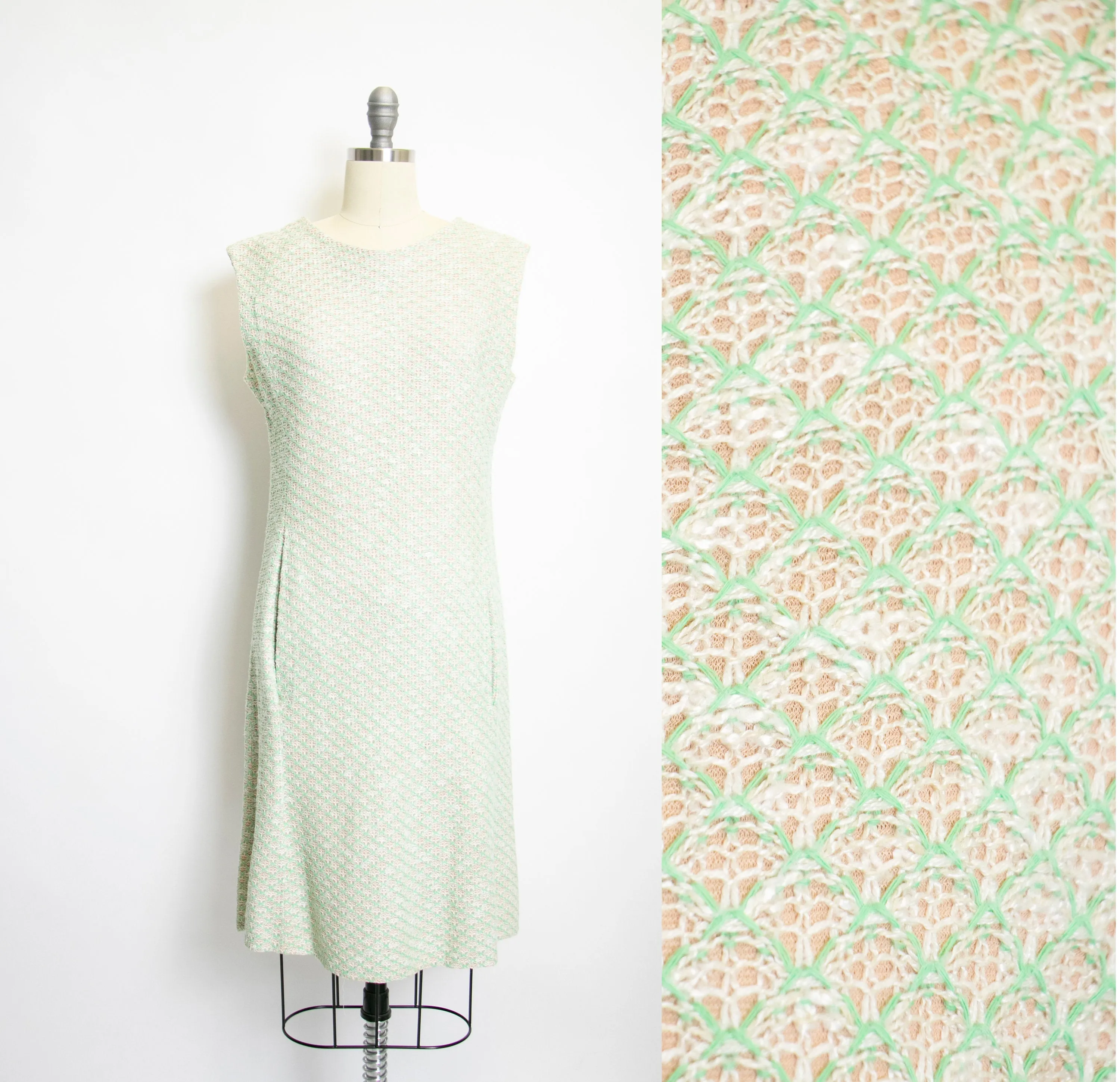 1960s Dress Illusion Knit Green Shift Woven Sage Medium