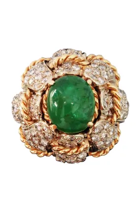 1960s Emerald Diamond Gold Cocktail Dome Ring