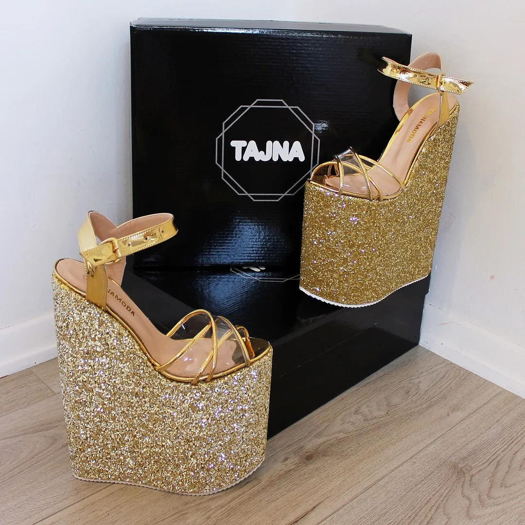 30 cm Gold Shiny Platforms High Heeles Wedge