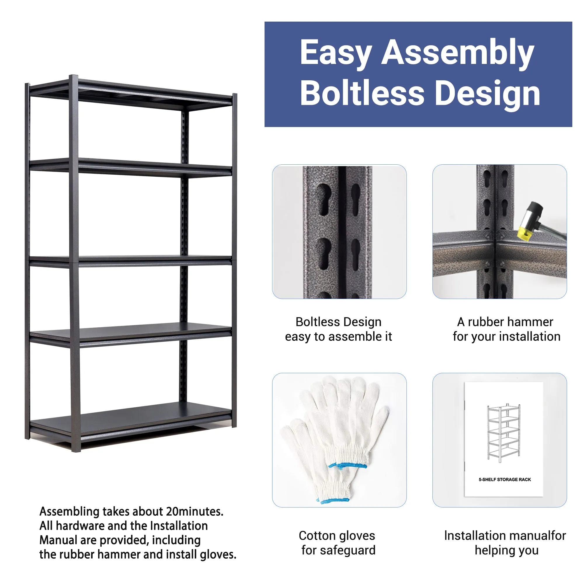 5-Tier Adjustable Metal Shelving Unit, Heavy Duty Shelving Utility Rack for Garage Basement Kitchen Pantry Closet 47.2"W x 18"D x 77.9"H