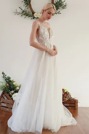 A-Line Sweep-Brush Train Lace Tulle Wedding Dress CW3046