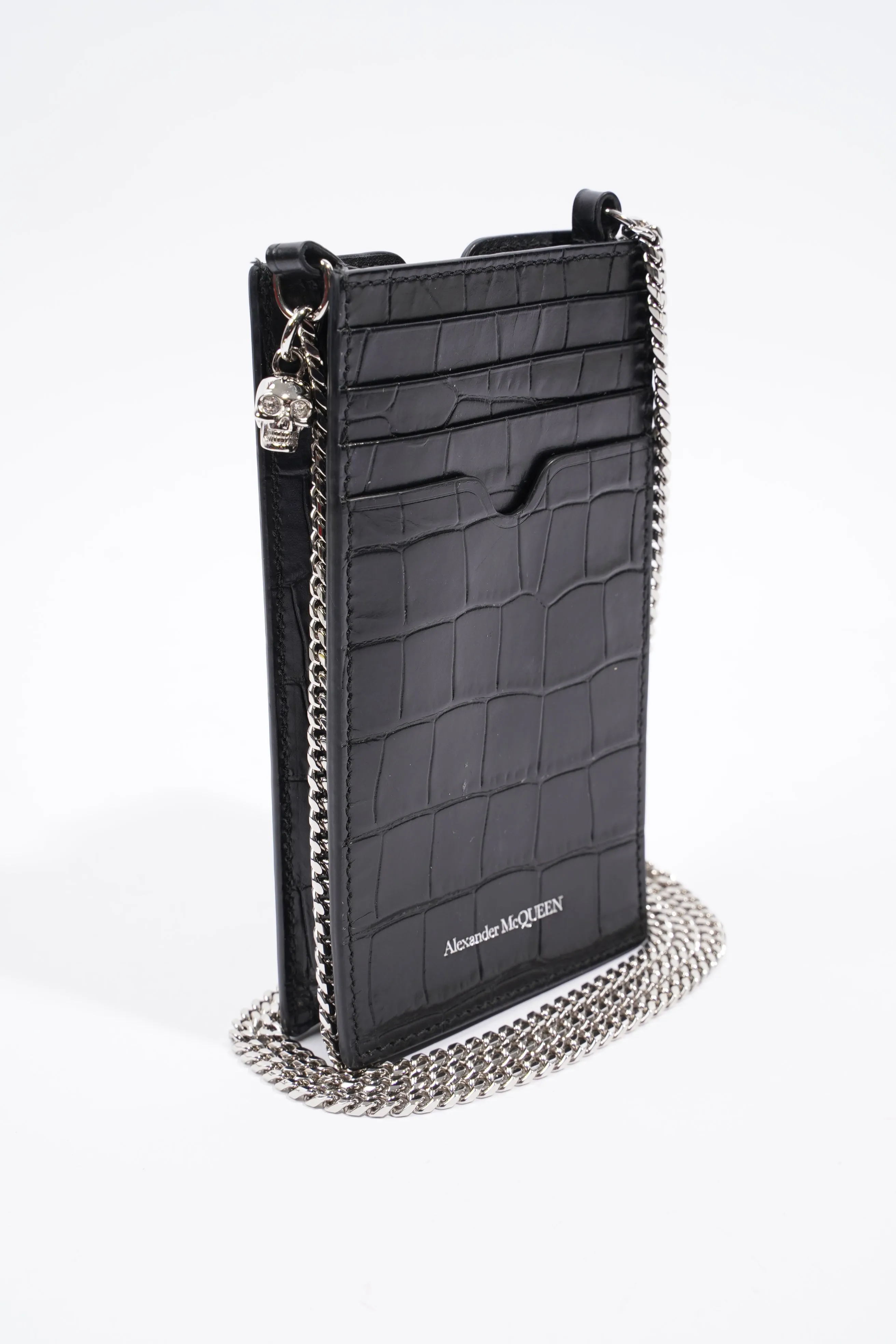 Alexander McQueen Chain Phone Case Black Embossed Leather