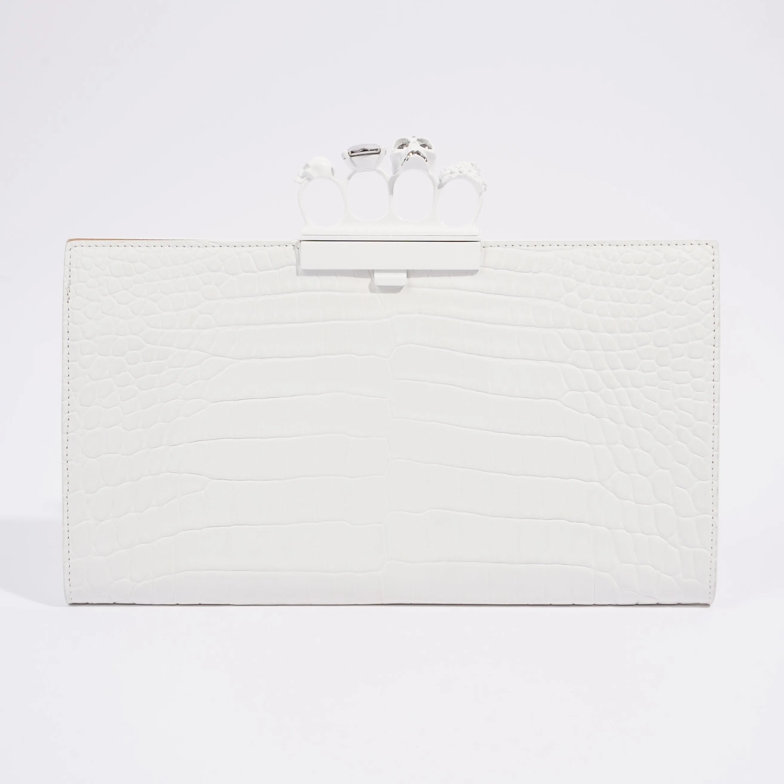 Alexander McQueen Croc Embossed Leather Knuckle Clutch White Leather