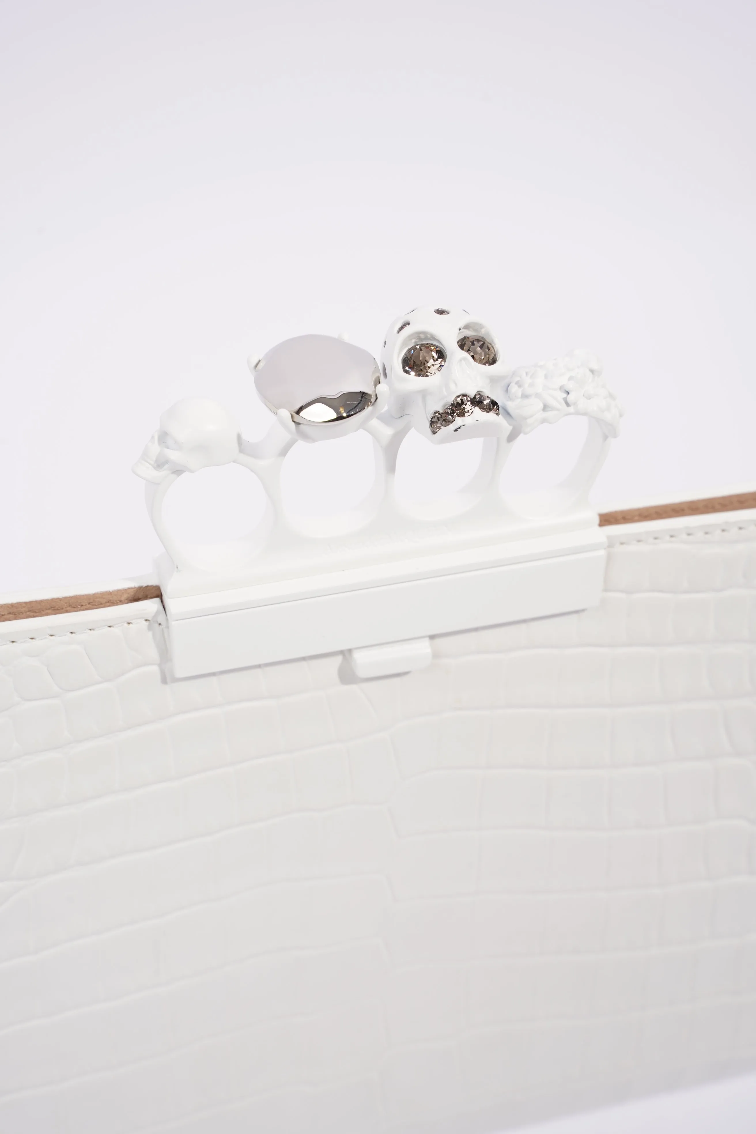 Alexander McQueen Croc Embossed Leather Knuckle Clutch White Leather