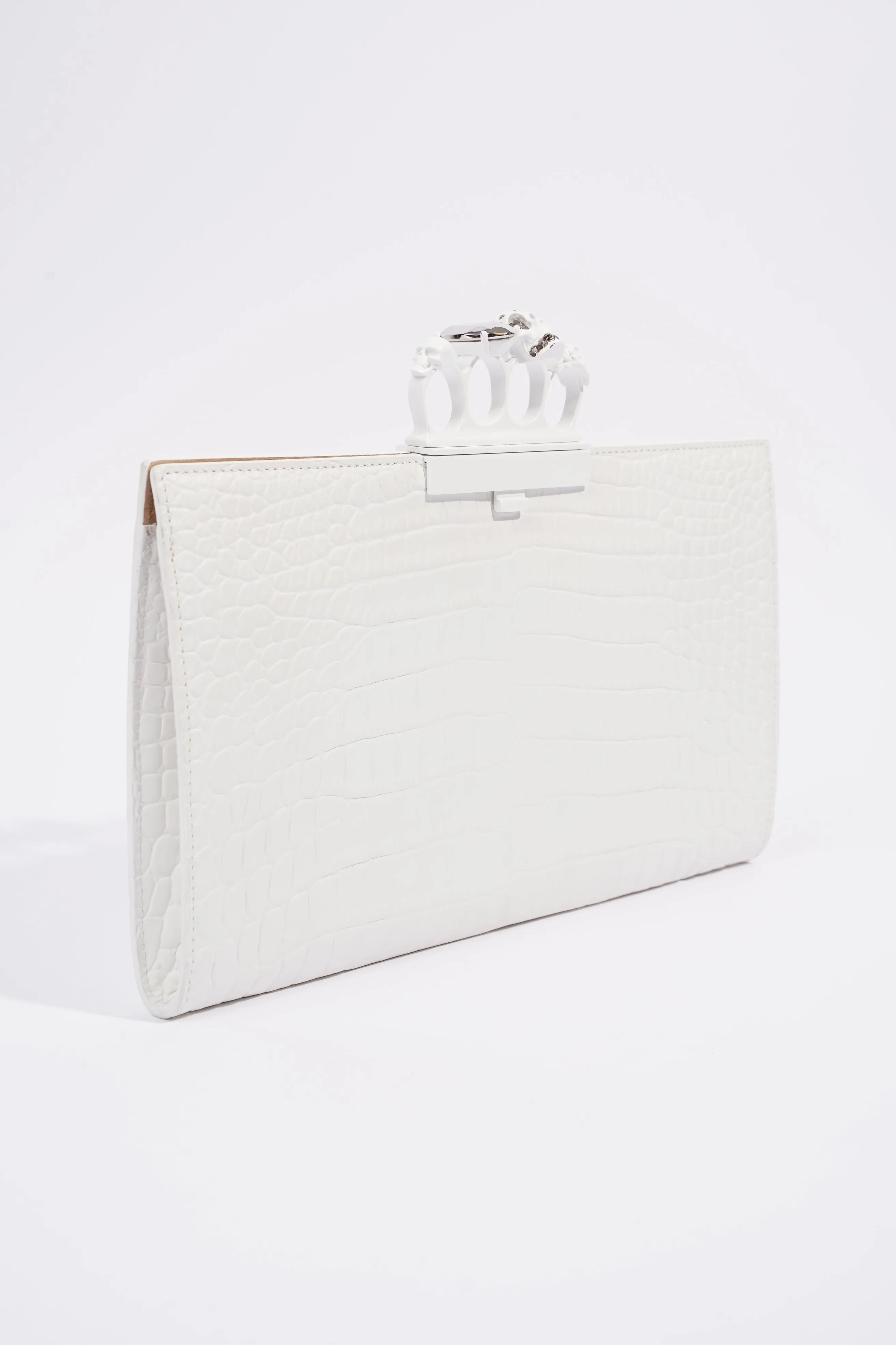 Alexander McQueen Croc Embossed Leather Knuckle Clutch White Leather