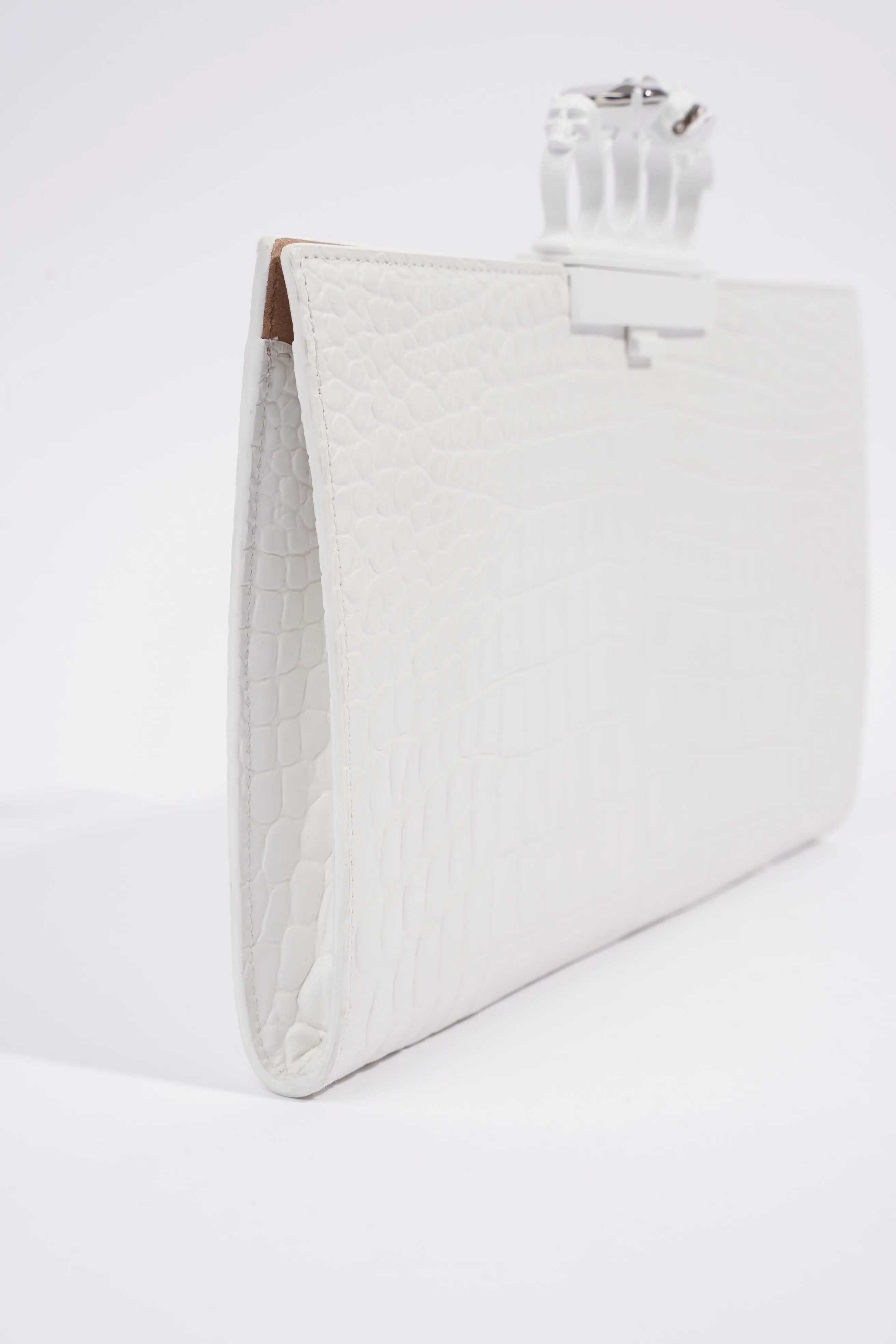 Alexander McQueen Croc Embossed Leather Knuckle Clutch White Leather