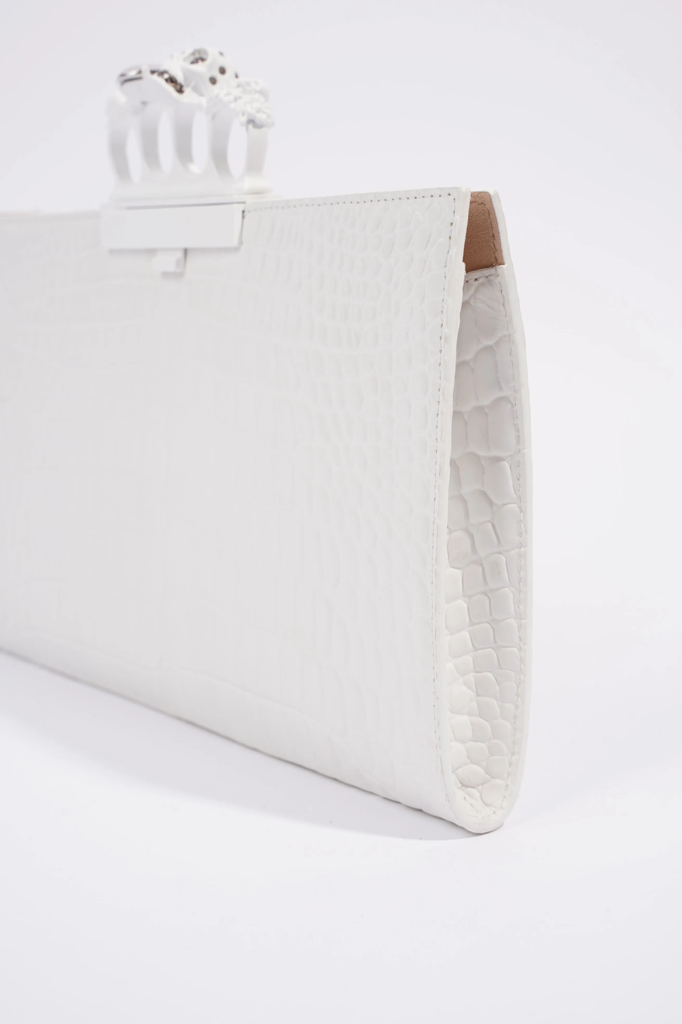 Alexander McQueen Croc Embossed Leather Knuckle Clutch White Leather