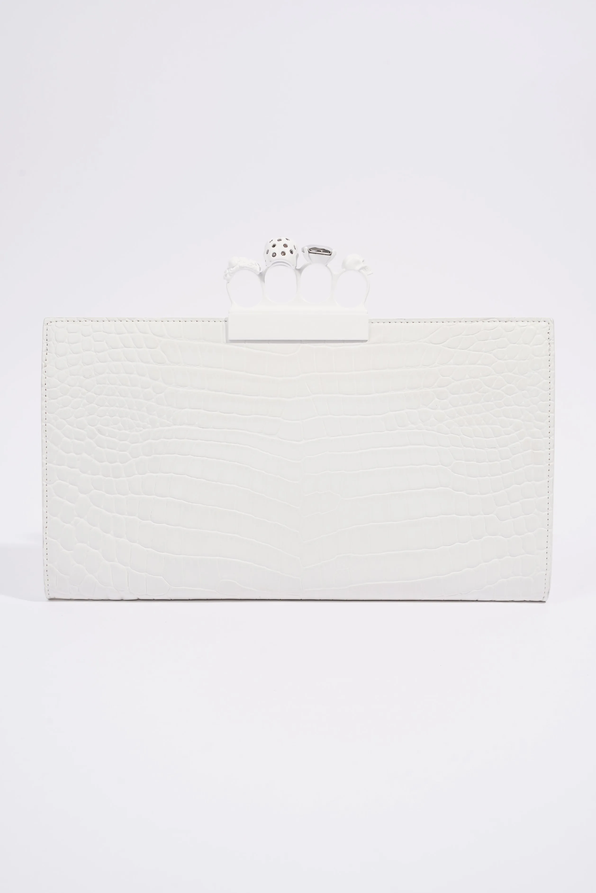 Alexander McQueen Croc Embossed Leather Knuckle Clutch White Leather