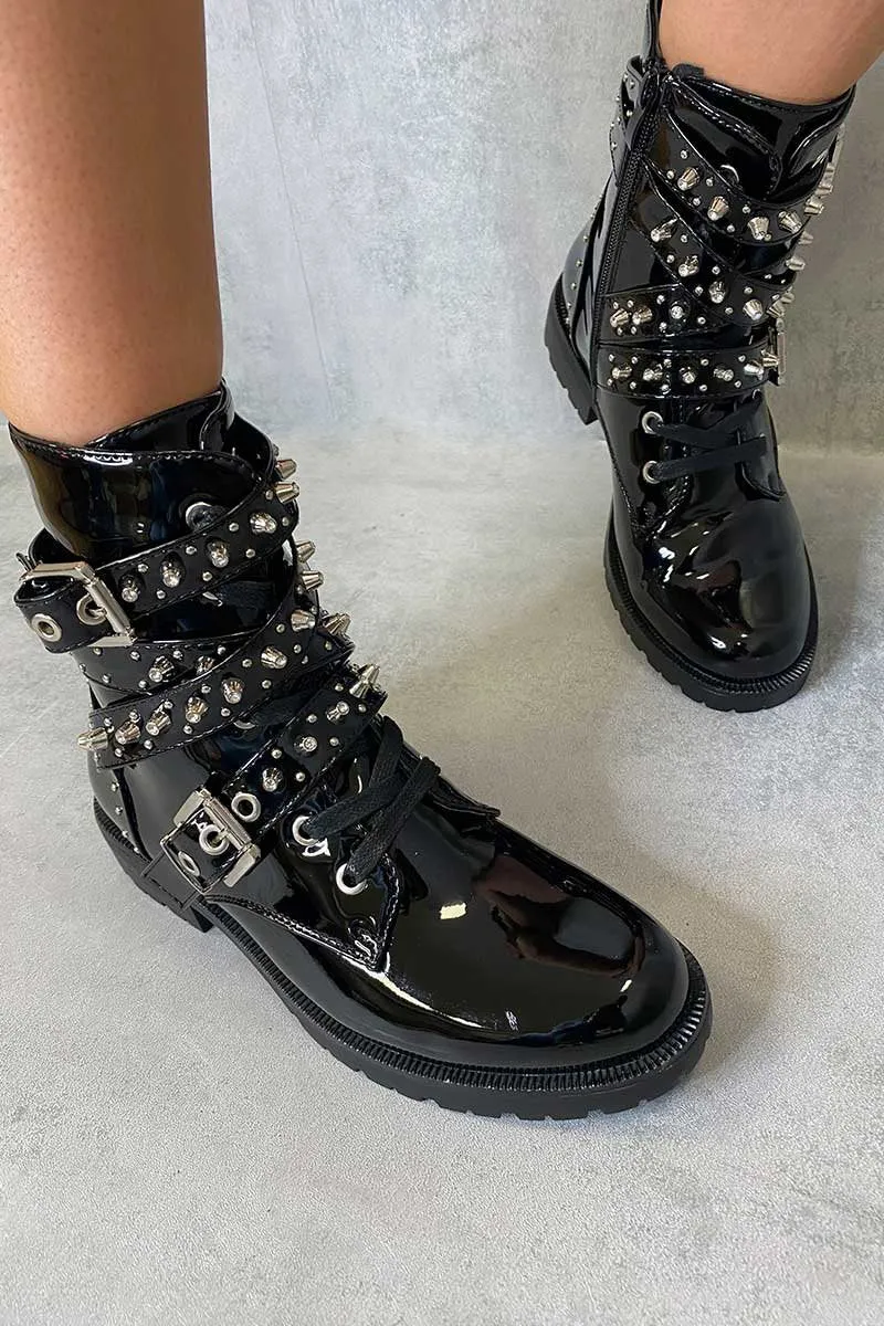 Black Patent Buckle Stud Strap Biker Boots - Saina