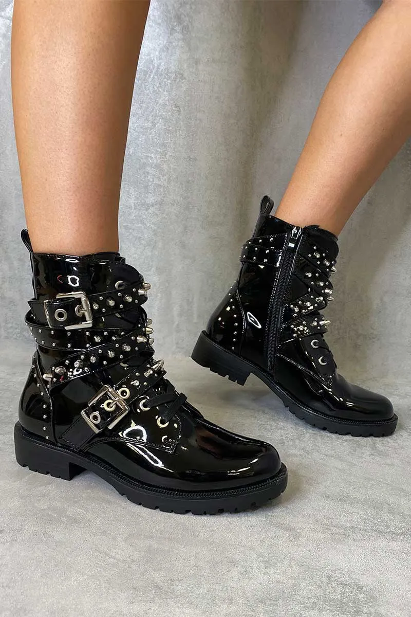 Black Patent Buckle Stud Strap Biker Boots - Saina