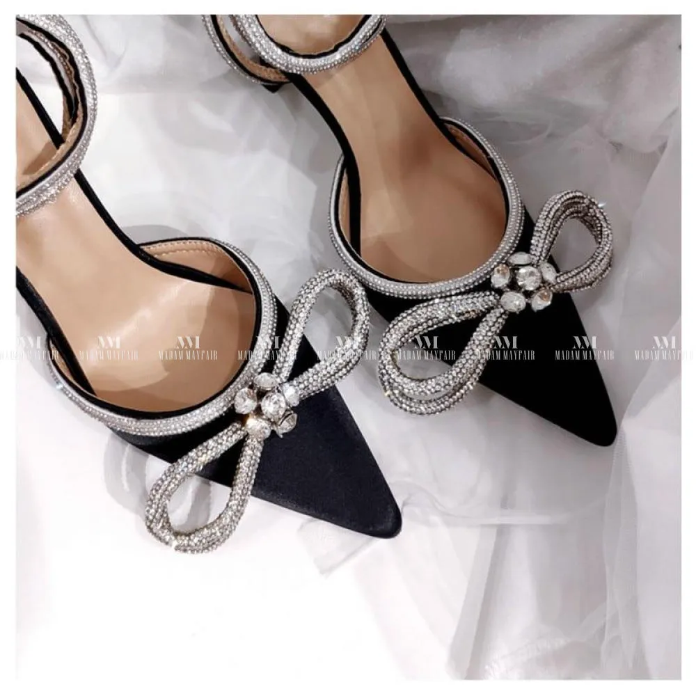 Black Satin Diamante Bow Shoes