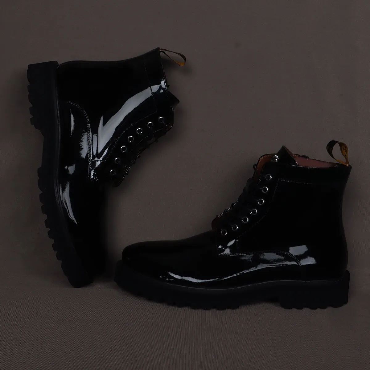 Black Ultra Light Weight Biker Boots Premium Authentic Patent Leather by Brune & Bareskin