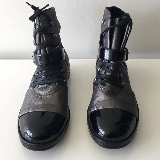 Chanel 05, 2005 metallic Grey black patent leather biker combat short ankle boots boots EU 37 US 6/6.5