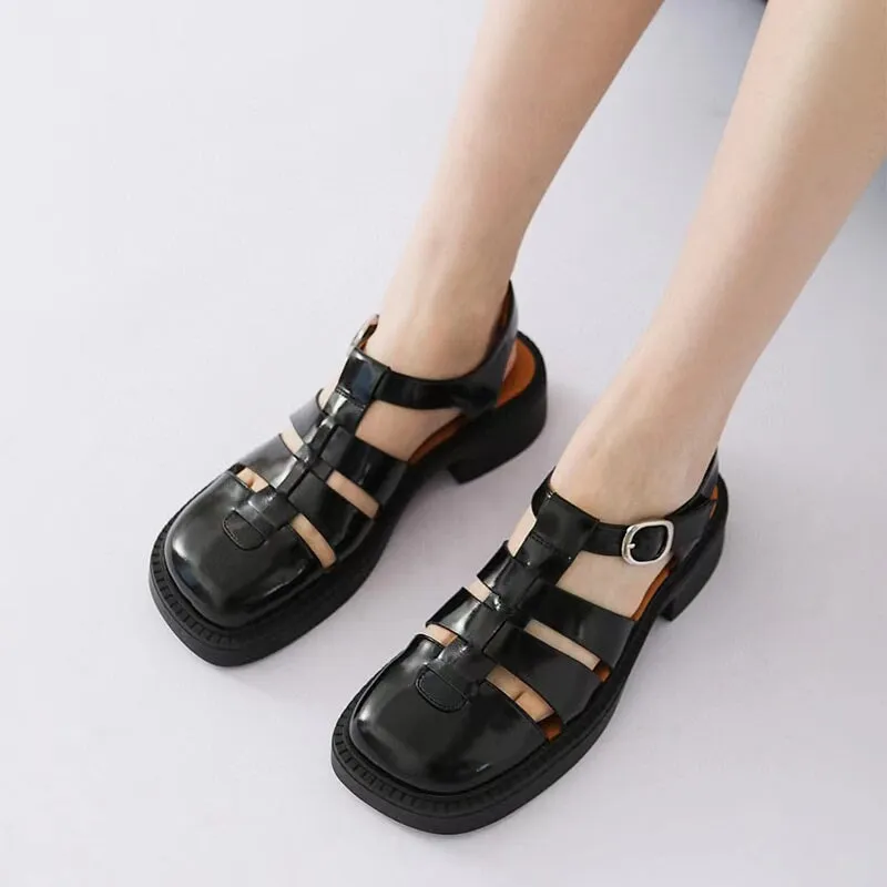 Designer Fisherman Shoes Genuine Leather Gladiator Sandals Block Heel Slingback in White/Black