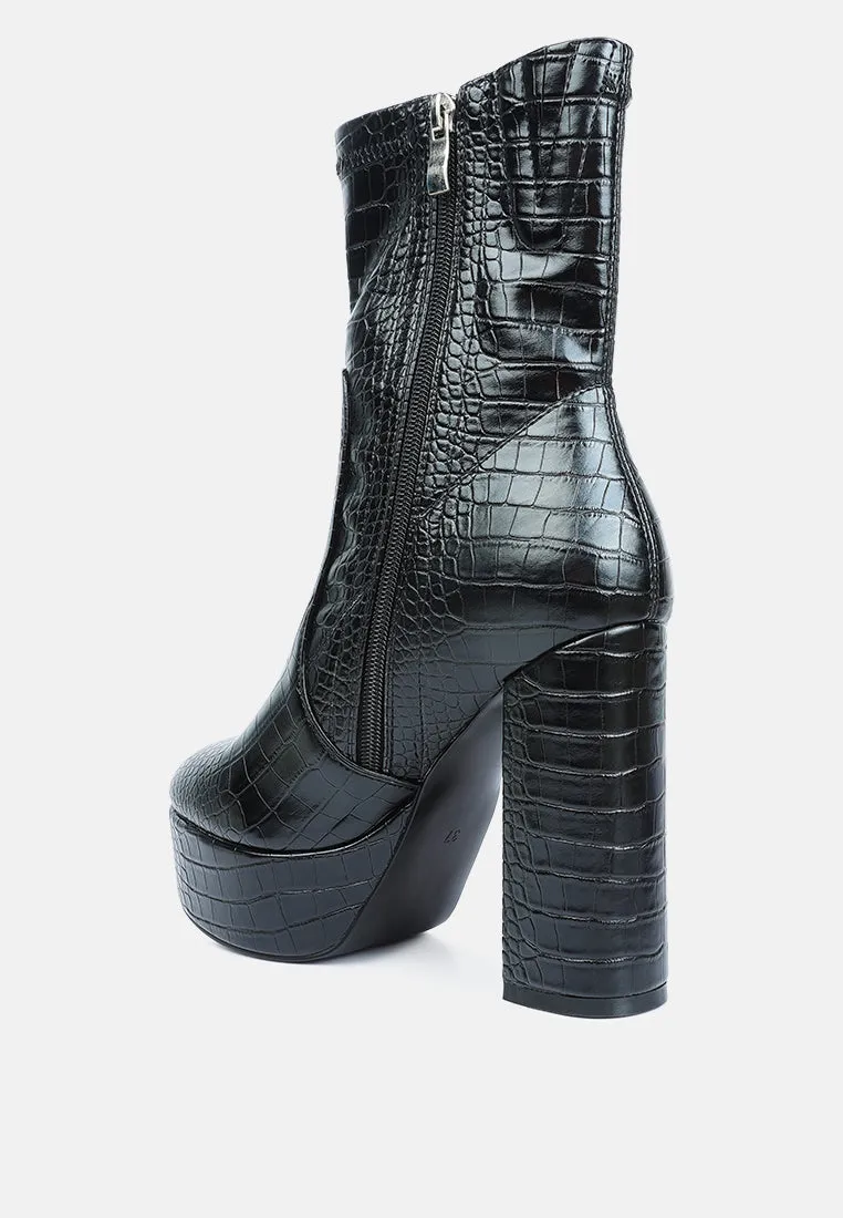 Feral High Heeled Croc Pattern Ankle Boot