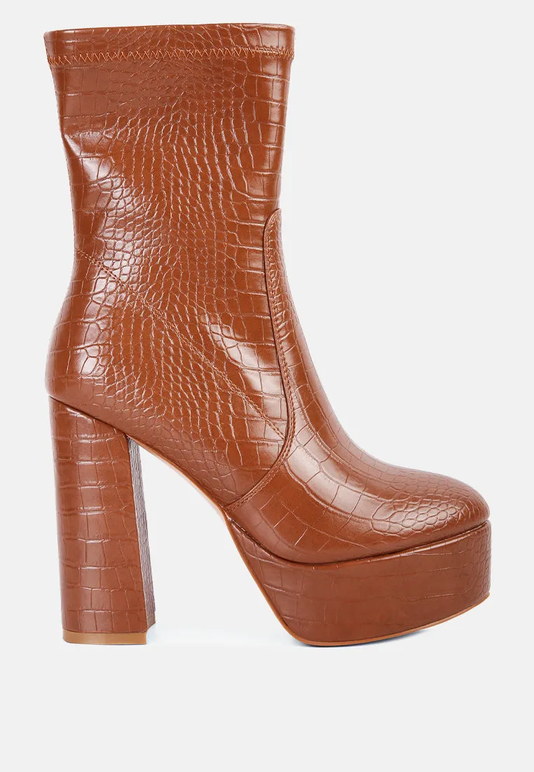 Feral High Heeled Croc Pattern Ankle Boot