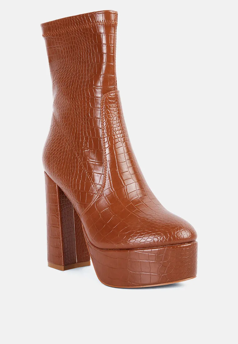 Feral High Heeled Croc Pattern Ankle Boot