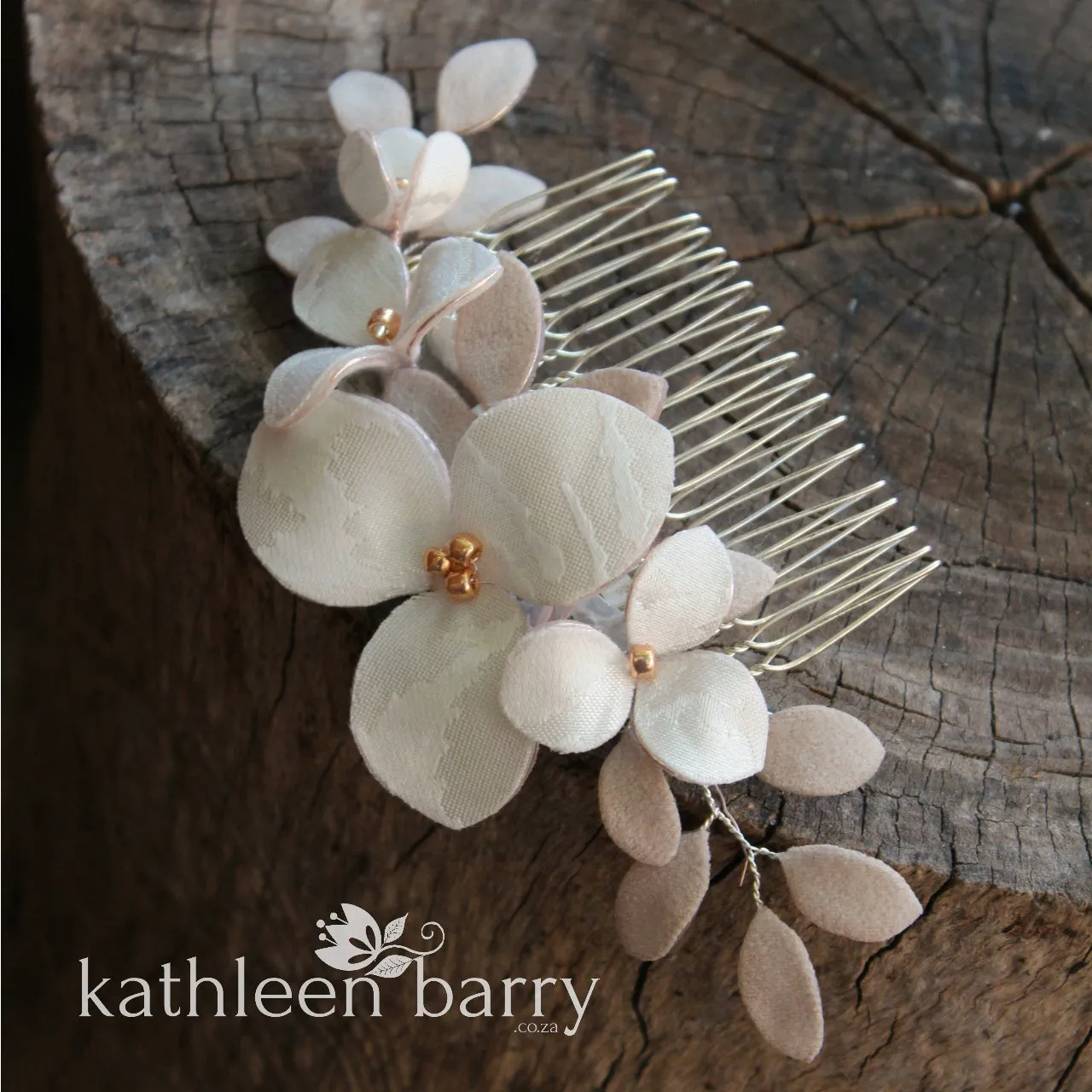 Florence hairpiece, Damask fabric flowers with faux suede leaves - Color variations