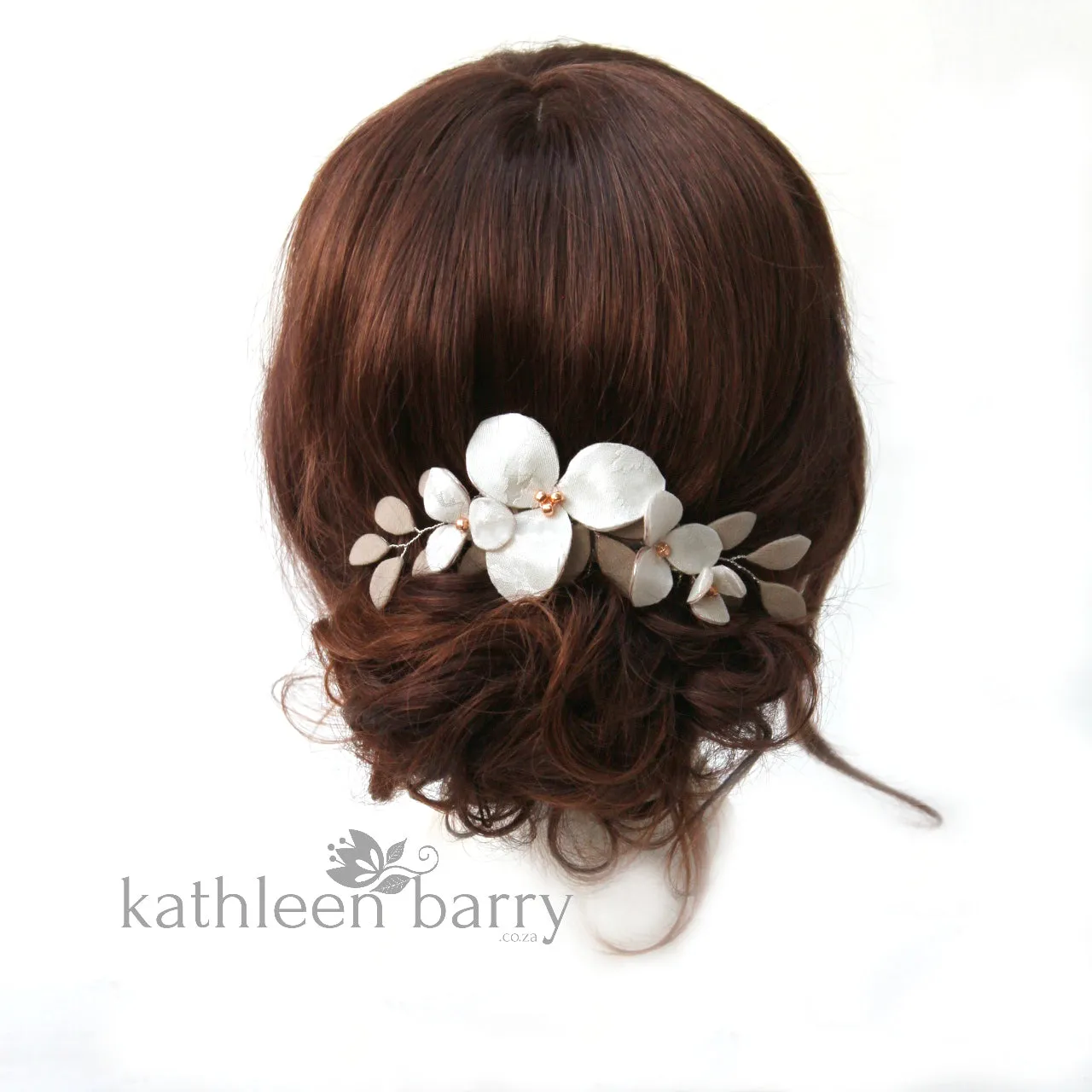 Florence hairpiece, Damask fabric flowers with faux suede leaves - Color variations