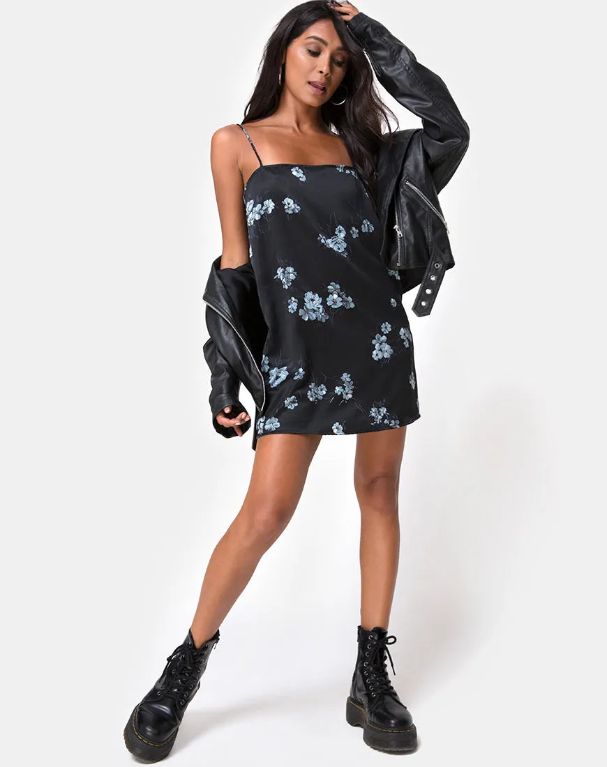 Gashi Slip Dress in Mono Flower Black Satin