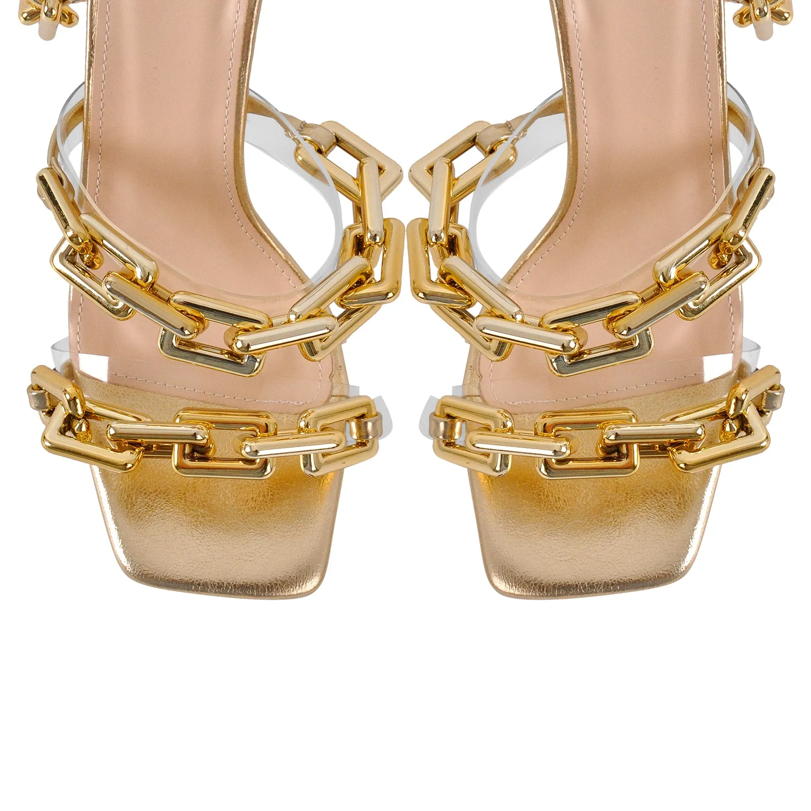 Gold Square Toe Metal Chain Lace-up Stiletto Sandals