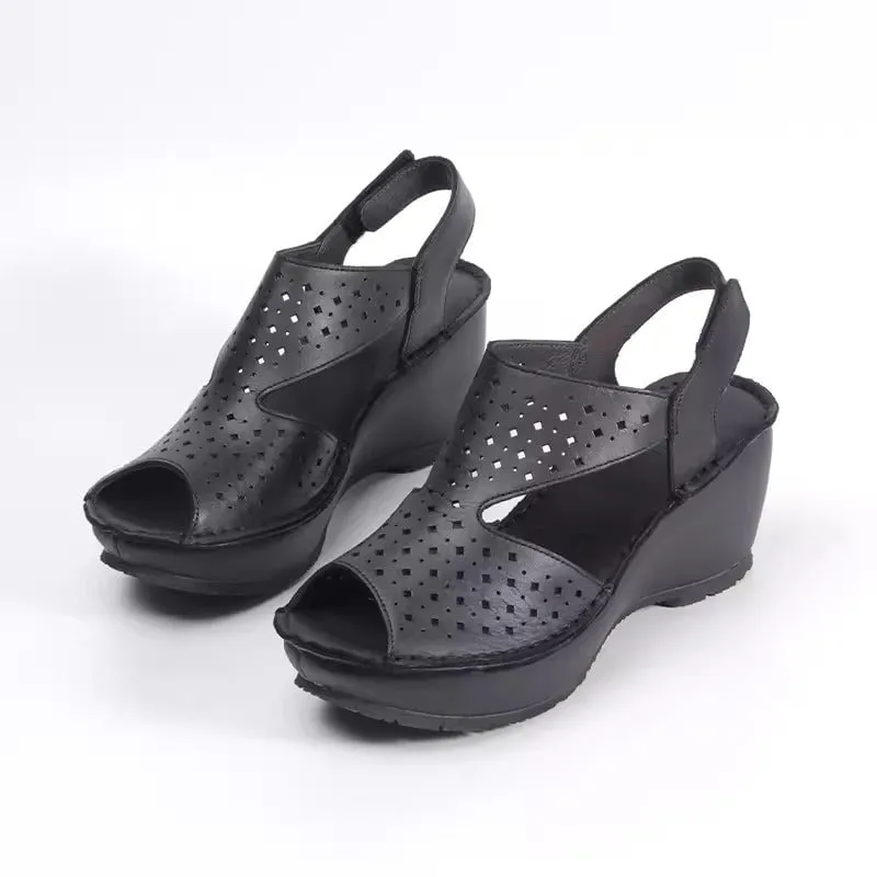 Handmade Leather Wedges Sandals Perforated Design Slingback in Black/Nude/Apricot