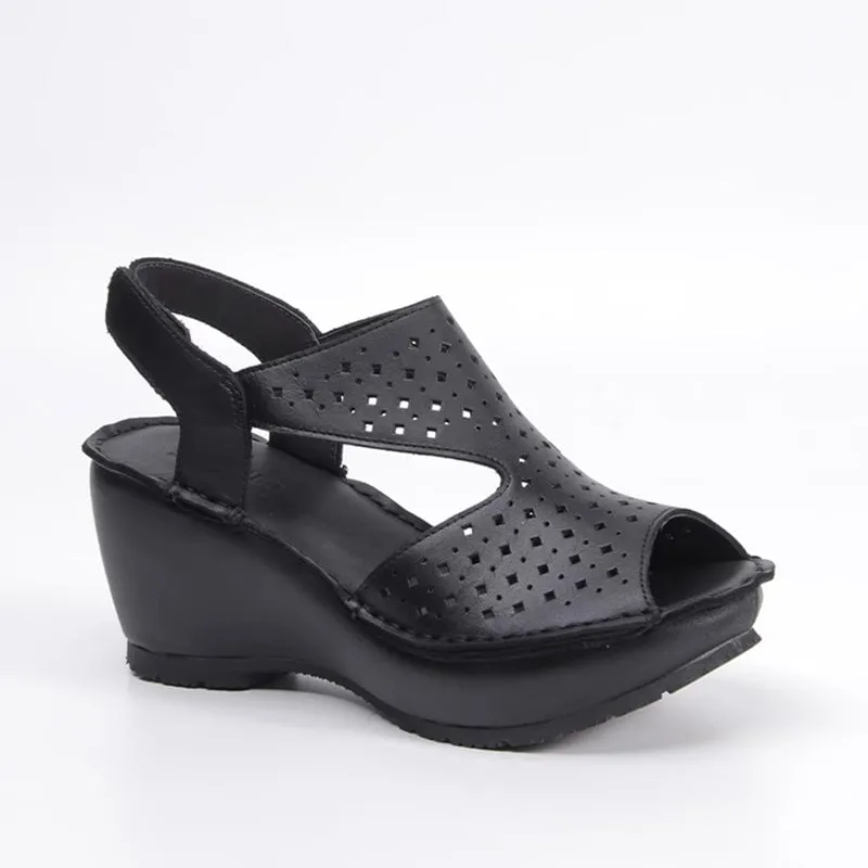 Handmade Leather Wedges Sandals Perforated Design Slingback in Black/Nude/Apricot