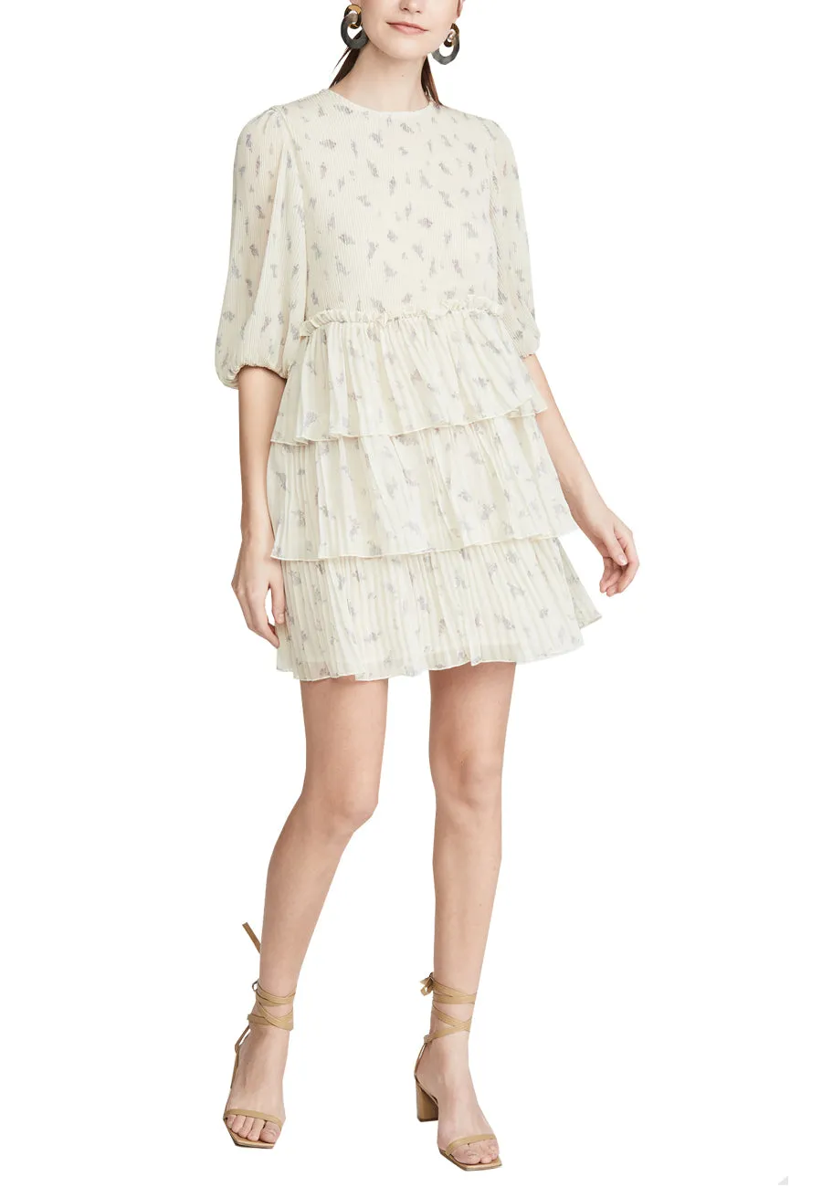 Ivory Tiered Ruffle Floral Print Georgette Mini Dress