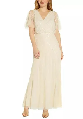 Ivory V-neck Back-Cutout Beaded Gown