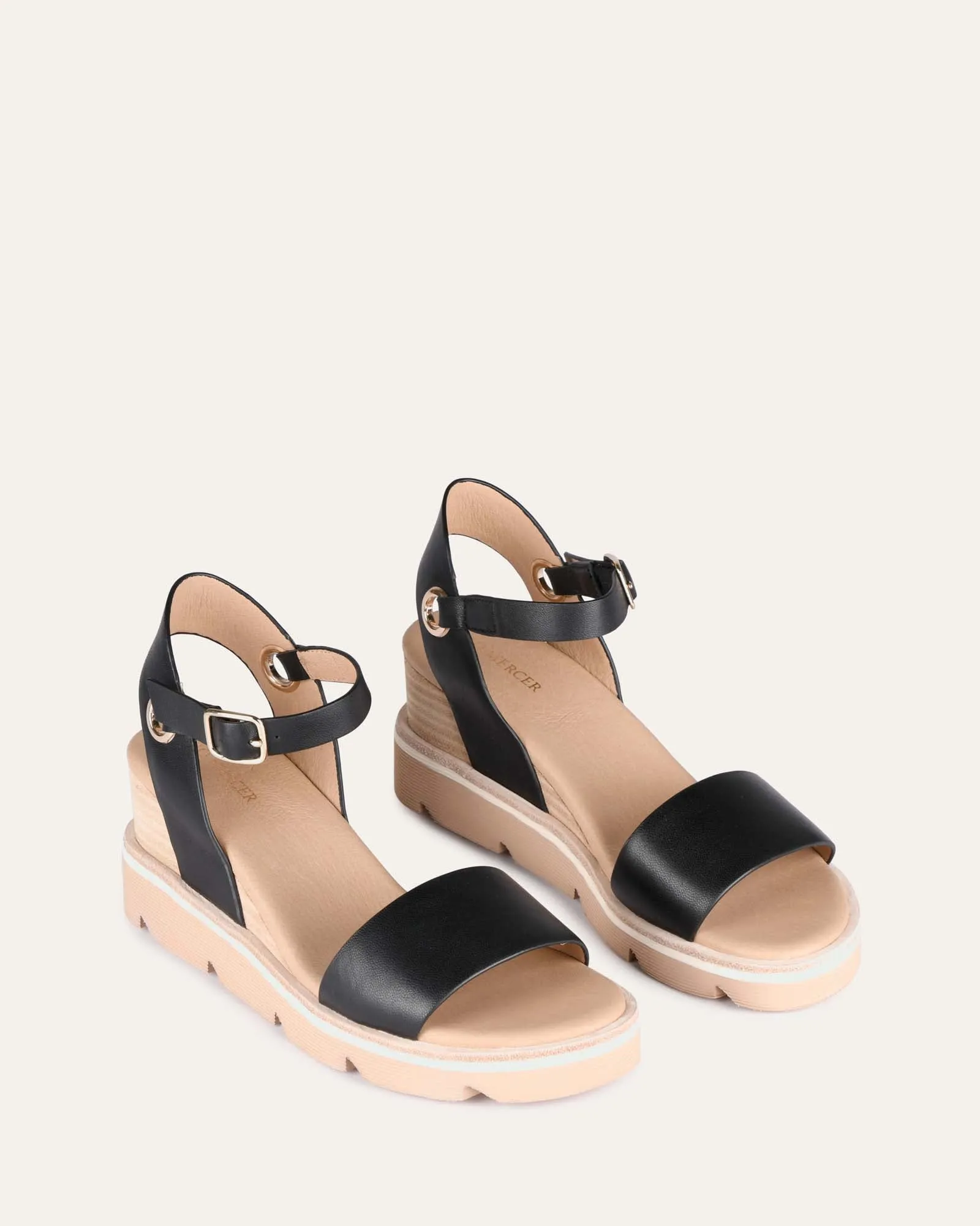 KATIE MID HEEL WEDGE SANDALS BLACK LEATHER