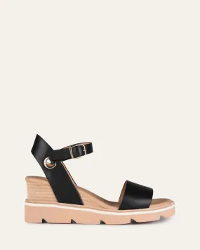 KATIE MID HEEL WEDGE SANDALS BLACK LEATHER