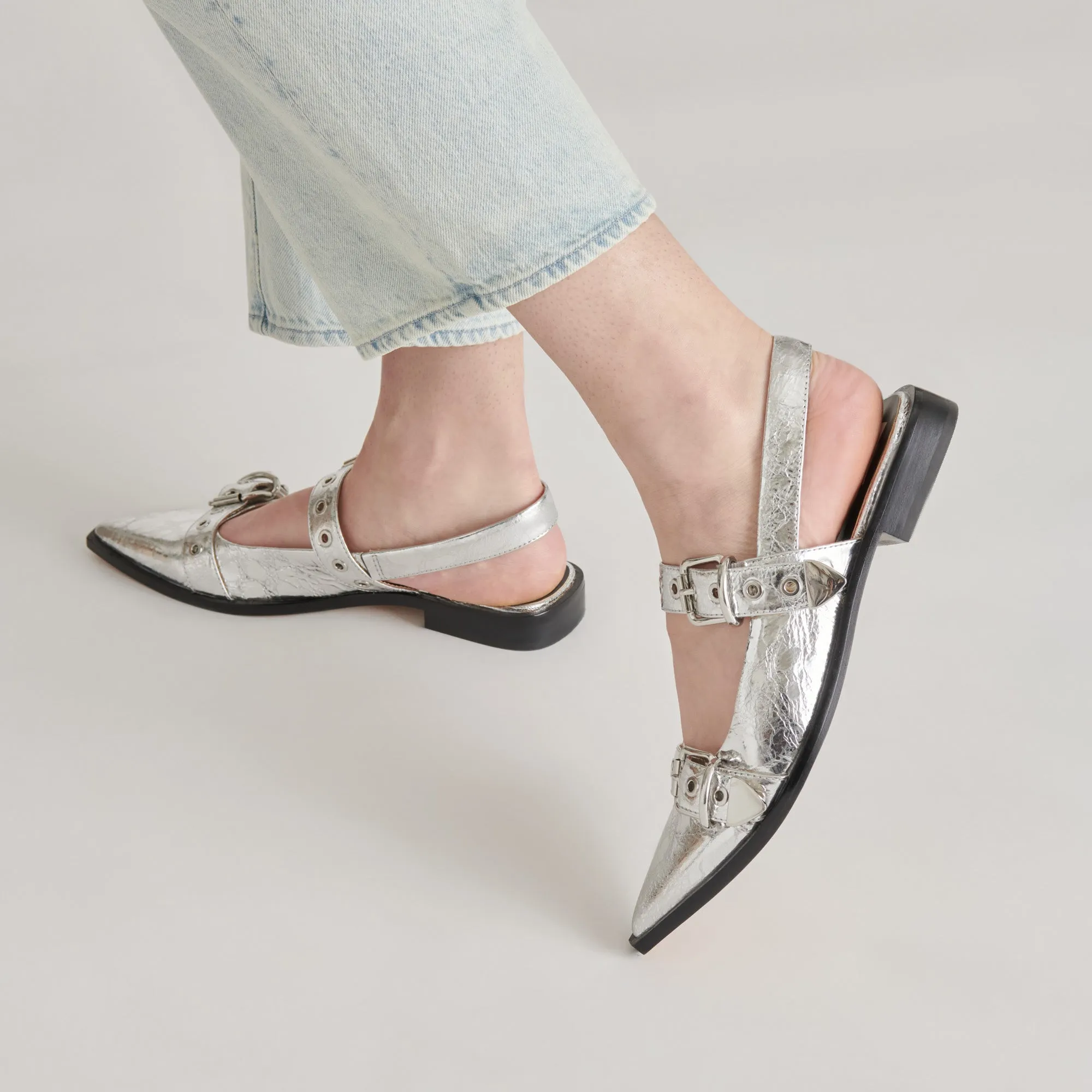 LABELL FLATS SILVER DISTRESSED LEATHER