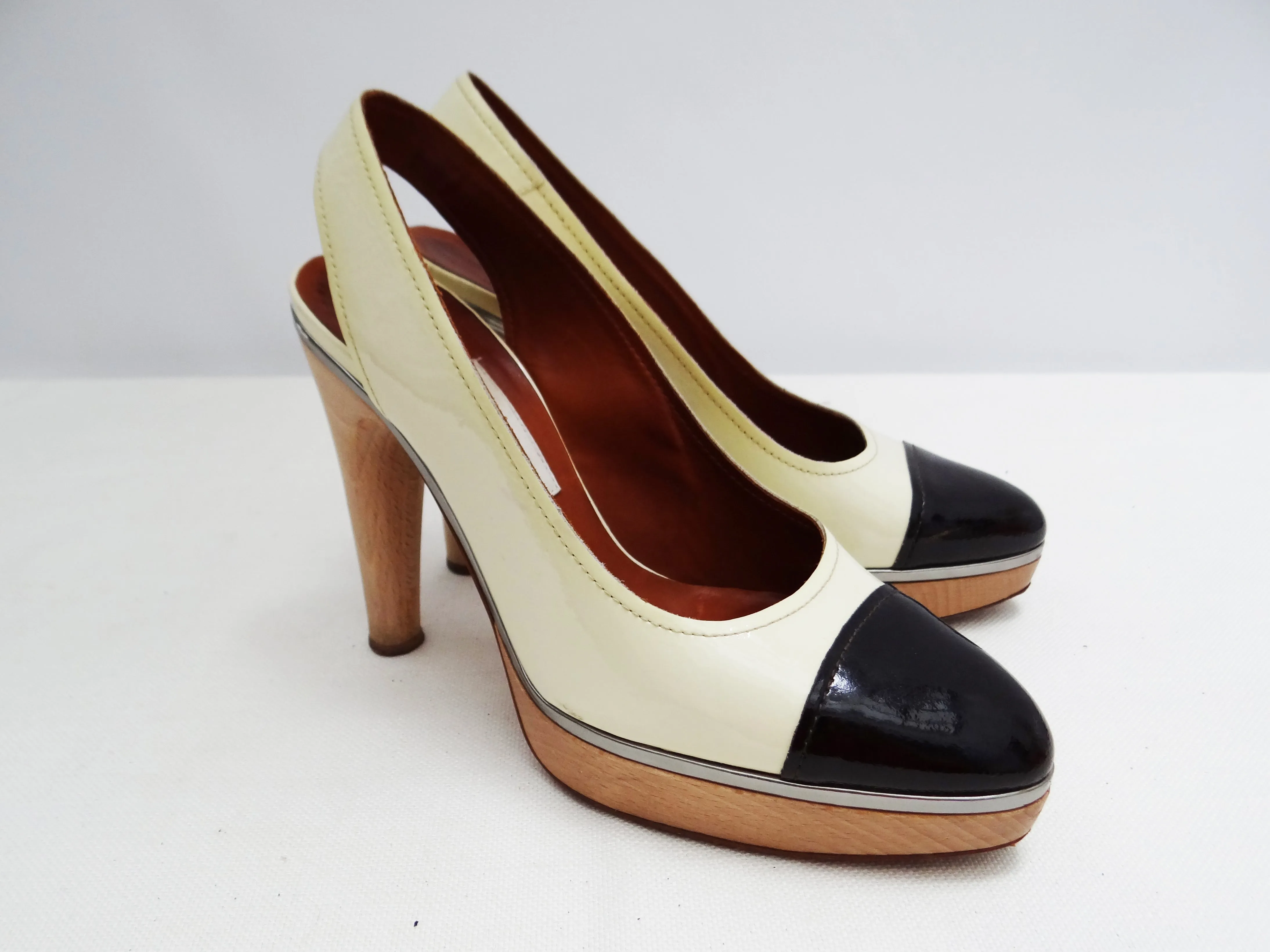 Lanvin Two Tone Patent Slingbacks with Wooden Heels and Platforms, EU40