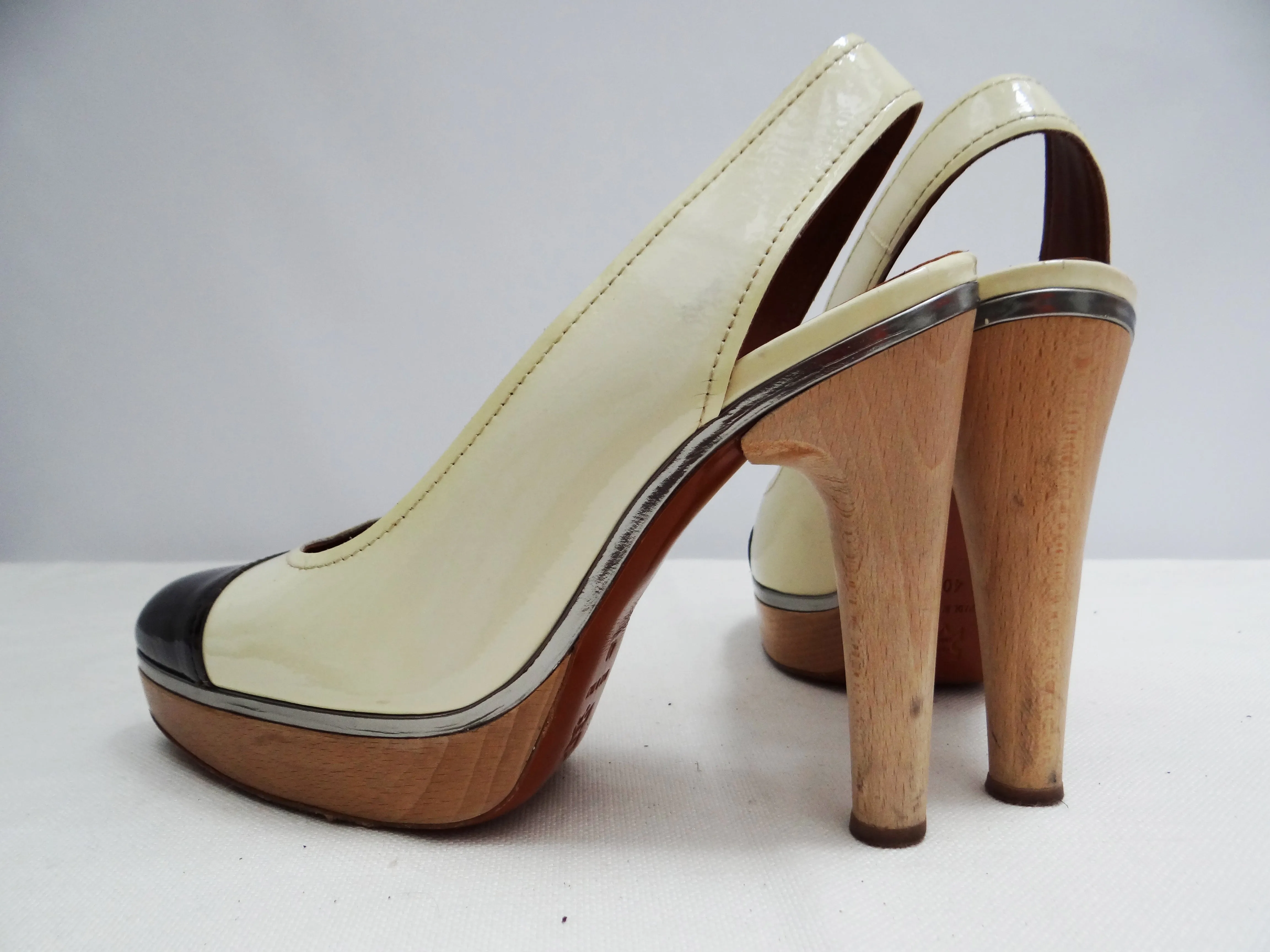 Lanvin Two Tone Patent Slingbacks with Wooden Heels and Platforms, EU40