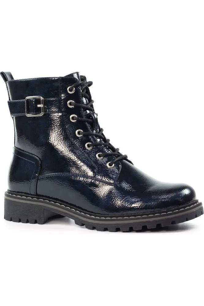 Lunar Parlour Navy Patent Ankle Boot GLW030