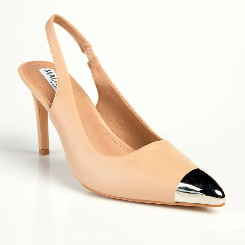 Madison Paola Closed Metal Toe Sling Back - Nude/Silver