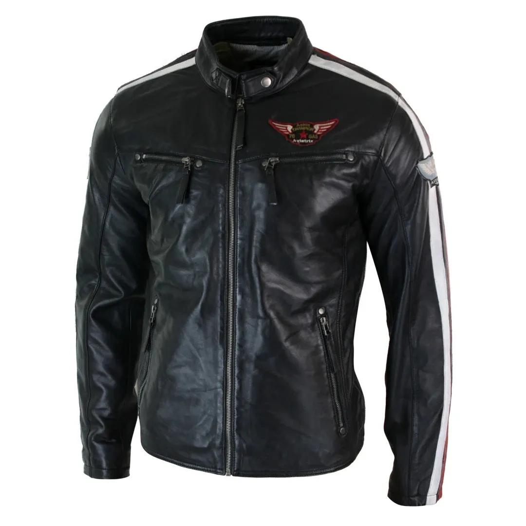 Men's Black Leather Racing Biker Jacket Zipped Short Red White Stripes Badge