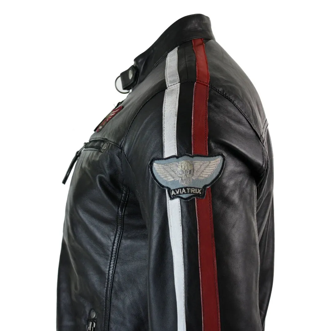 Men's Black Leather Racing Biker Jacket Zipped Short Red White Stripes Badge