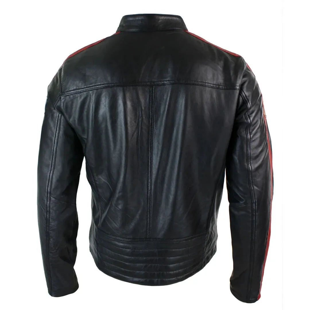 Men's Black Leather Racing Biker Jacket Zipped Short Red White Stripes Badge