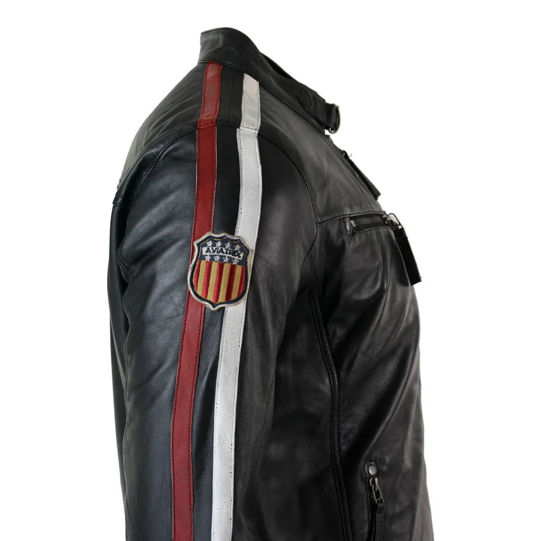 Men's Black Leather Racing Biker Jacket Zipped Short Red White Stripes Badge