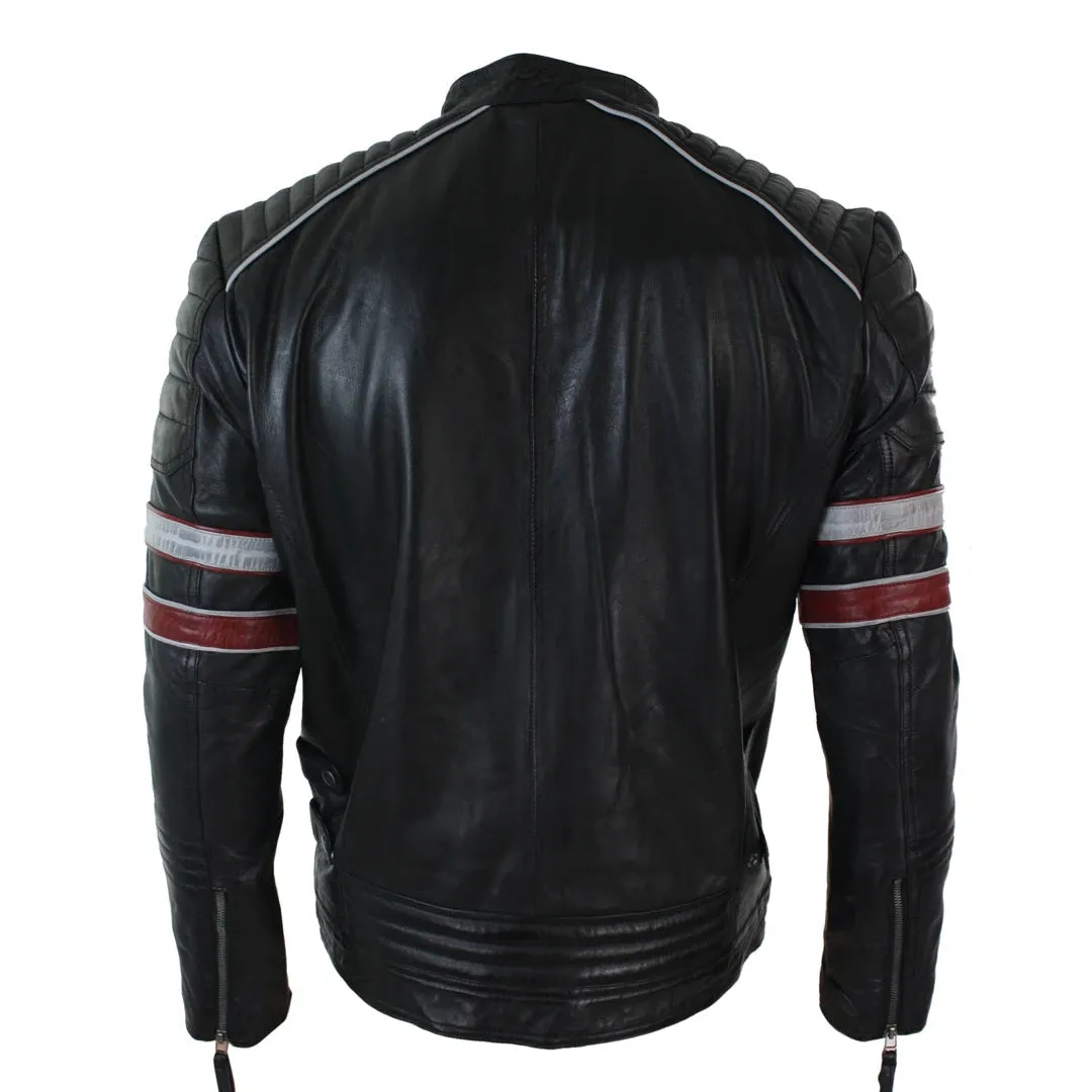 Men's Black Racing Biker Jacket Red White Stripes Leather Fit