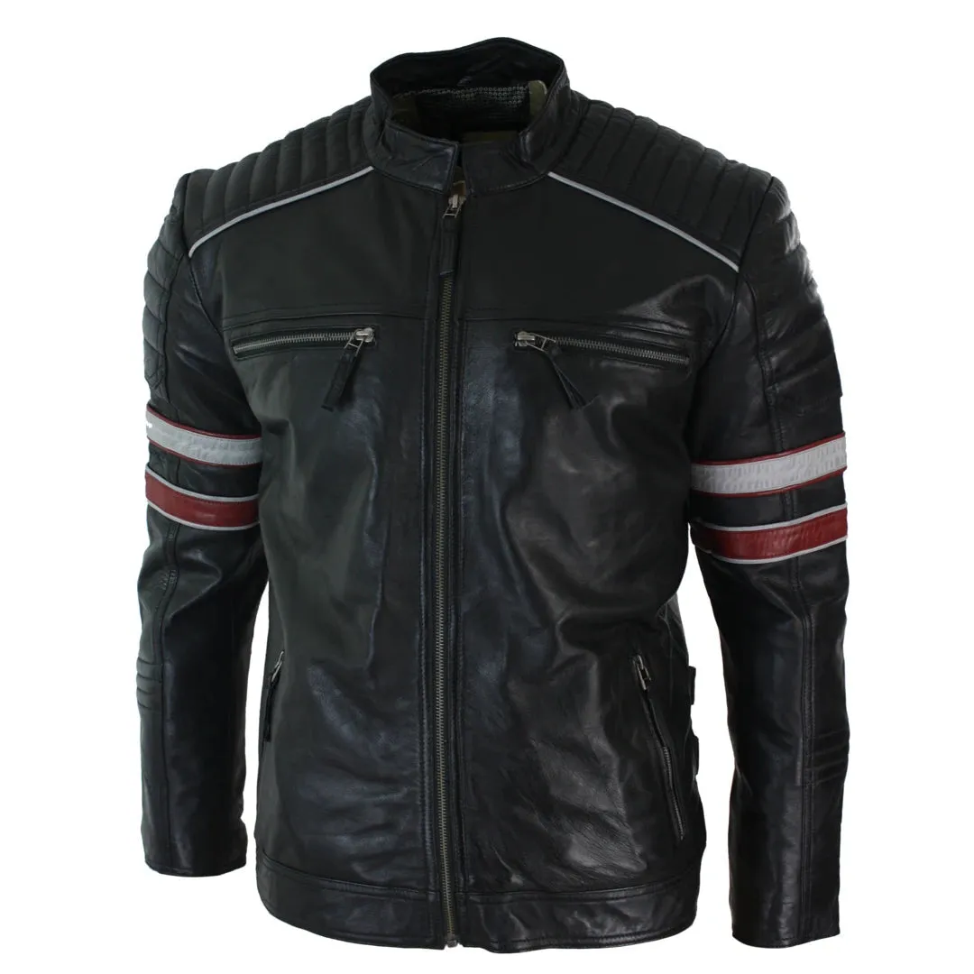 Men's Black Racing Biker Jacket Red White Stripes Leather Fit