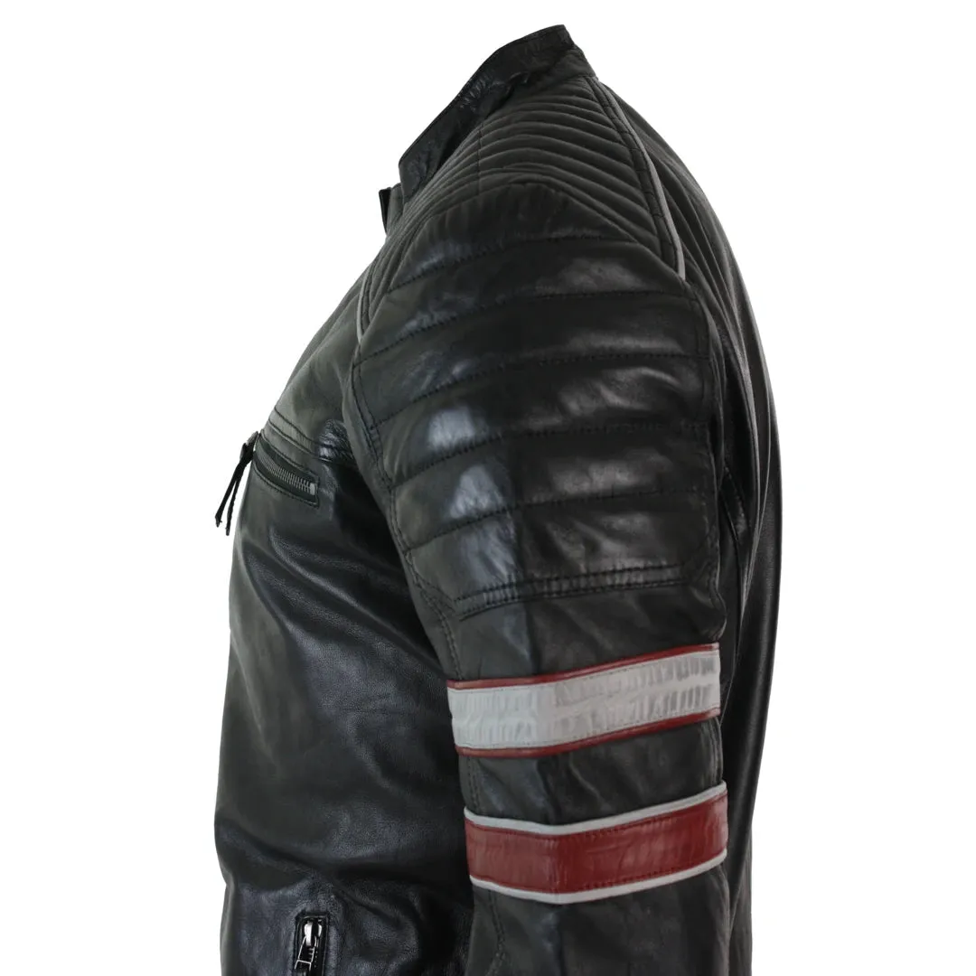 Men's Black Racing Biker Jacket Red White Stripes Leather Fit