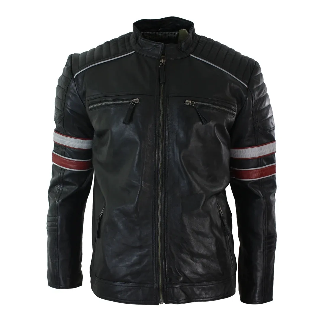 Men's Black Racing Biker Jacket Red White Stripes Leather Fit