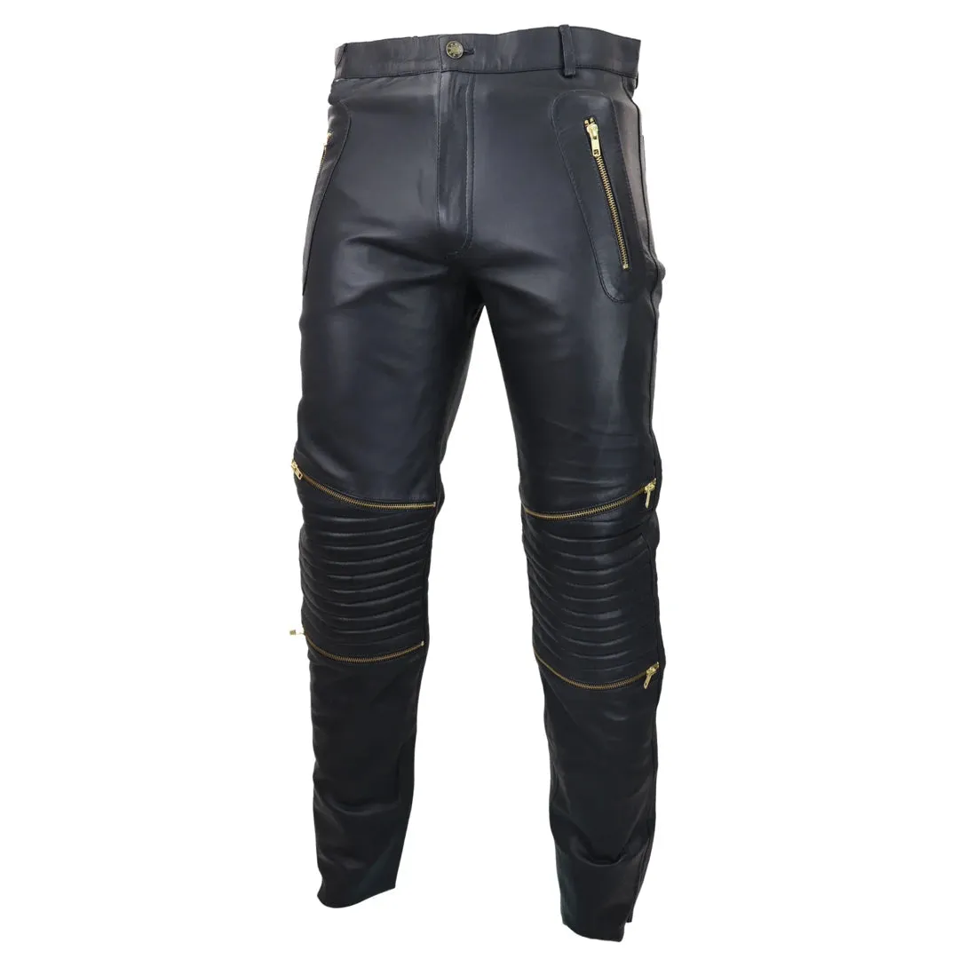 Men's Black White Leather Jeans Gold Zips Classic Goth Punk