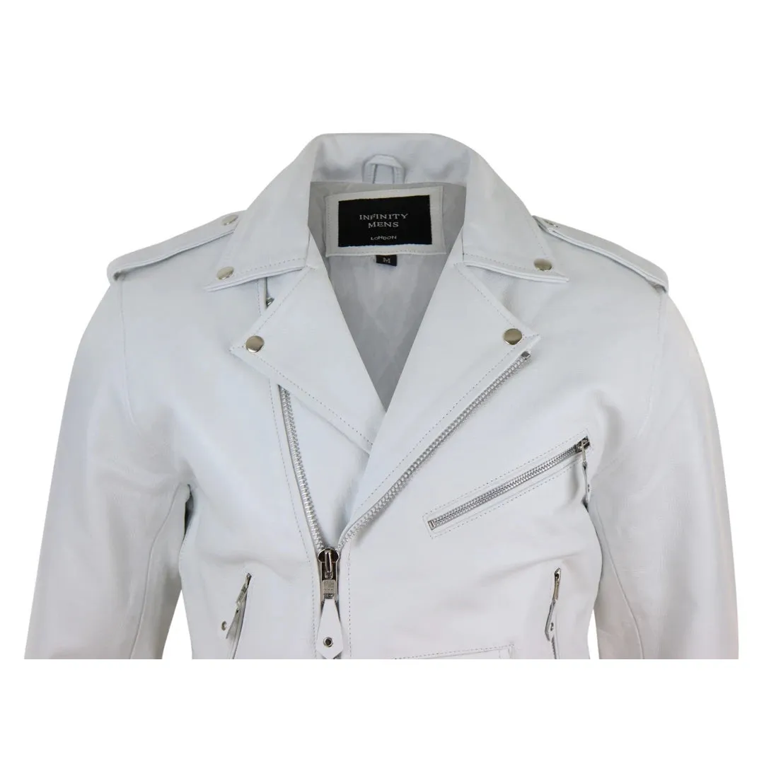 Men's Leather Biker Jacket Cross Zip Brando White Hide Grease Classic