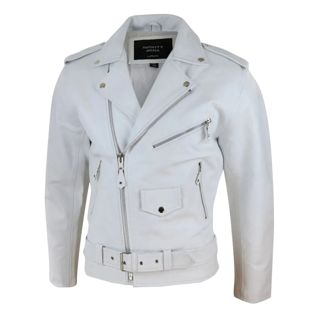 Men's Leather Biker Jacket Cross Zip Brando White Hide Grease Classic