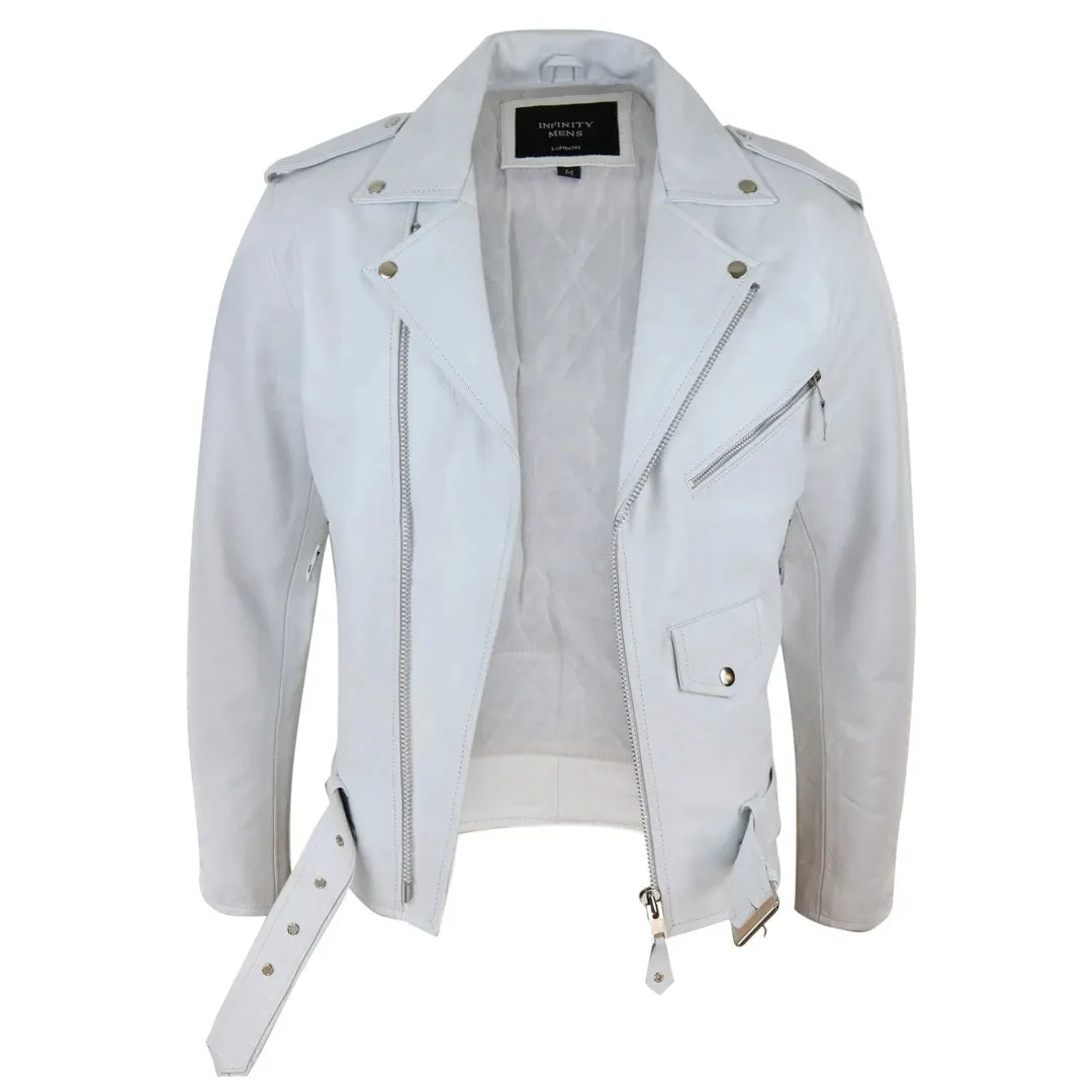 Men's Leather Biker Jacket Cross Zip Brando White Hide Grease Classic